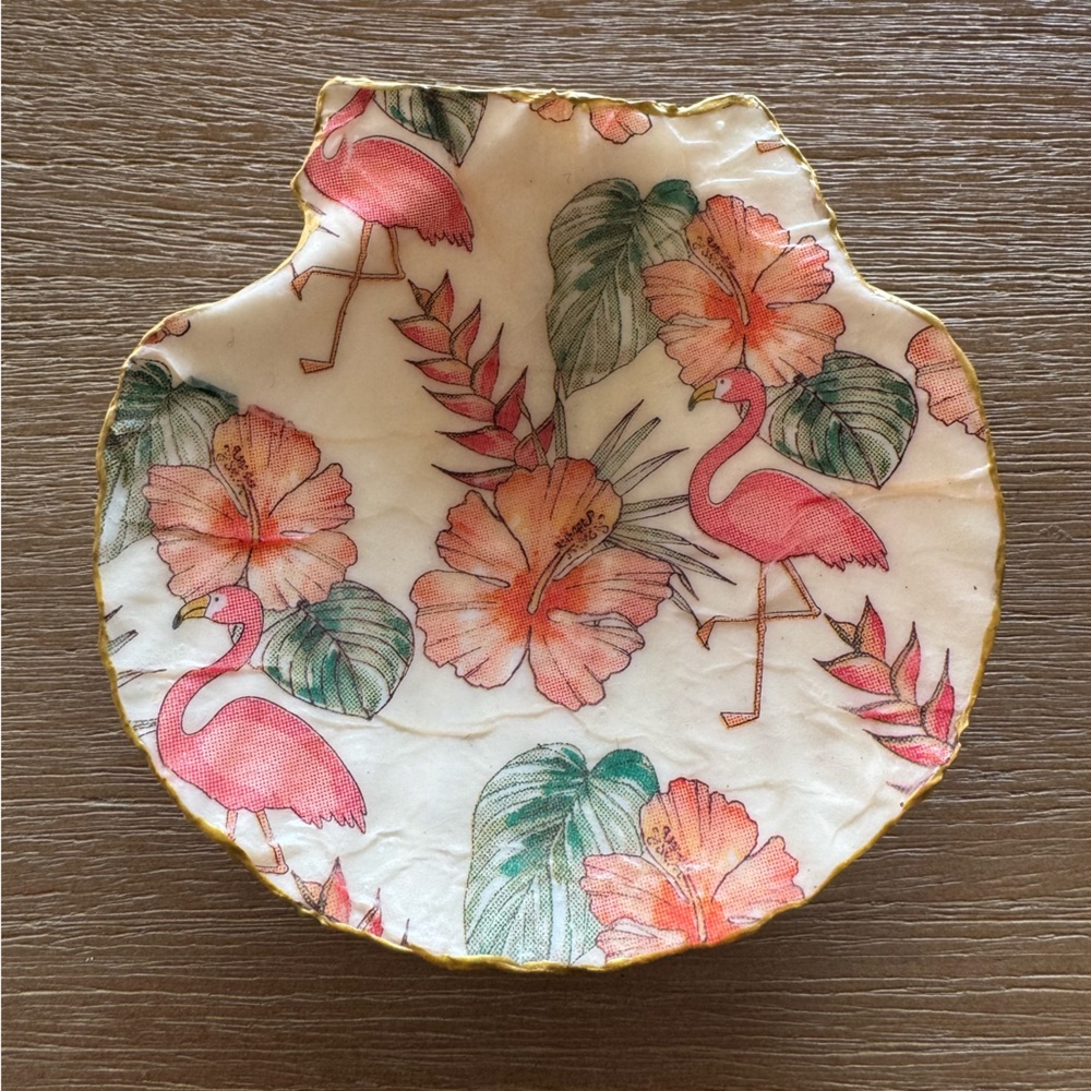 Decoupage Pink + Green Floral Flamingo Scallop Shell Trinket Dish